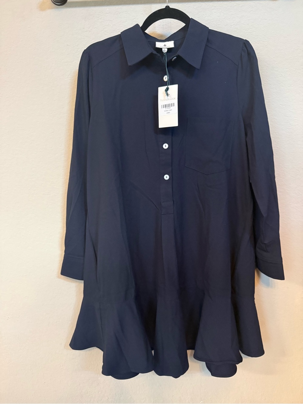 Tuckernuck- Callahan Navy Button-Front Ruffle Hem Tunic Shirt